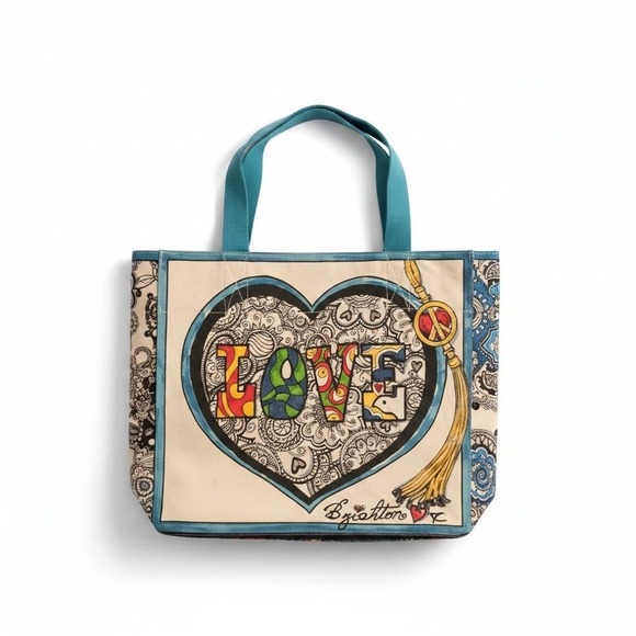 Brighton Handbags - Brighton Love Heart Canvas Tote Bag Teal Blue Artistic Paisley Boho Handbag